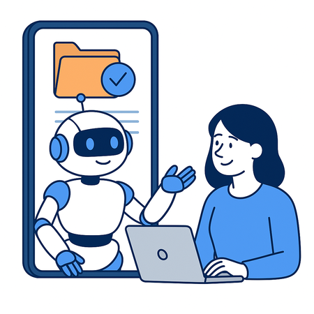 Illustration montrant une femme travaillant sur un ordinateur portable et aidée par un robot. Cela symbolise l'intelligence artificielle au service de l'amélioration de la donnée client.