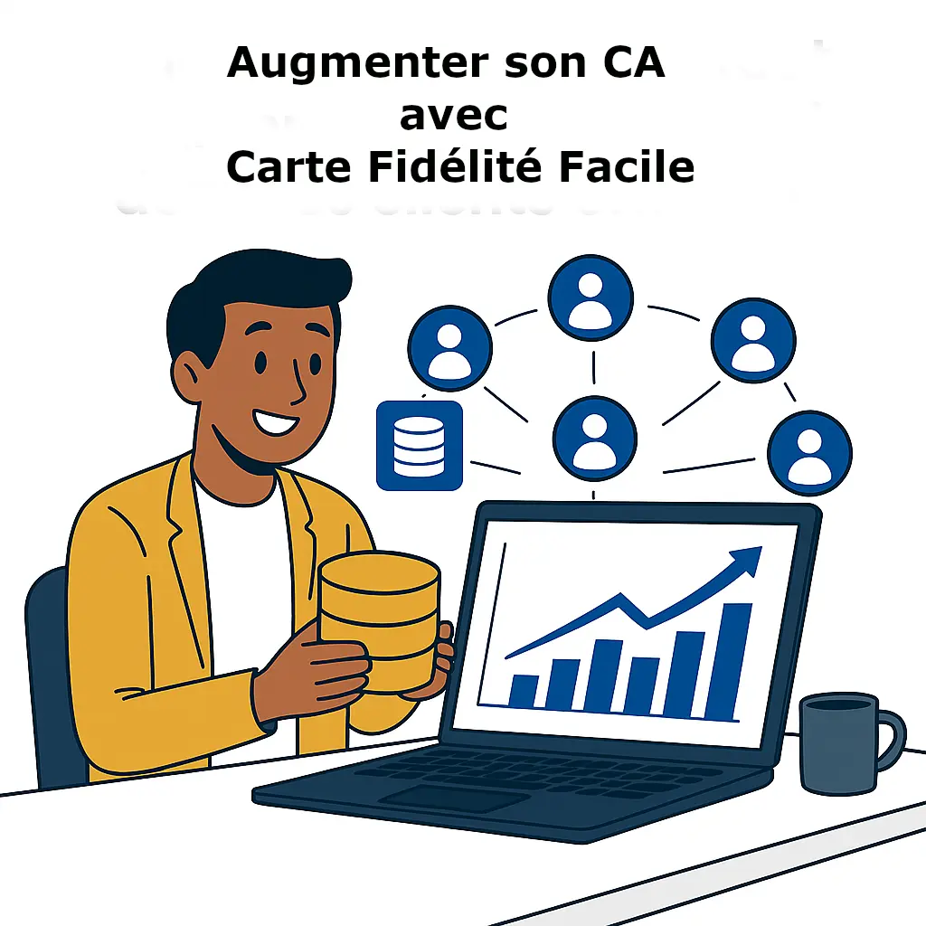 Illustration d'une personne qui utilise un logiciel CRM comme Carte Fidélité Facile pour augmenter son chiffre d'affaires.