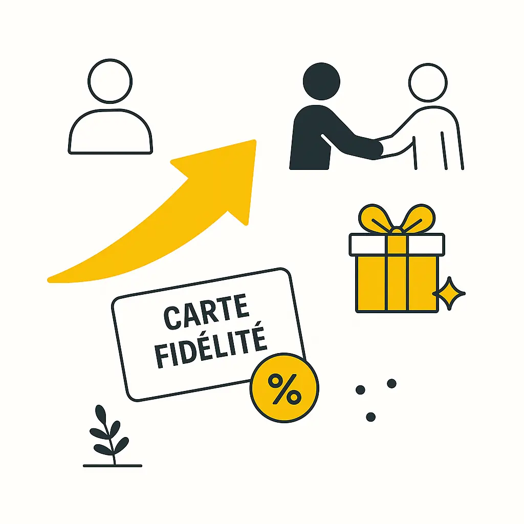 Illustration des avantages d'un programme fidélité. Une flêche jaune symbolise la croissance; Elle est entourée d’une carte de fidélité, une poignée de main, un cadeau qui symbolise le programme de fidélité.