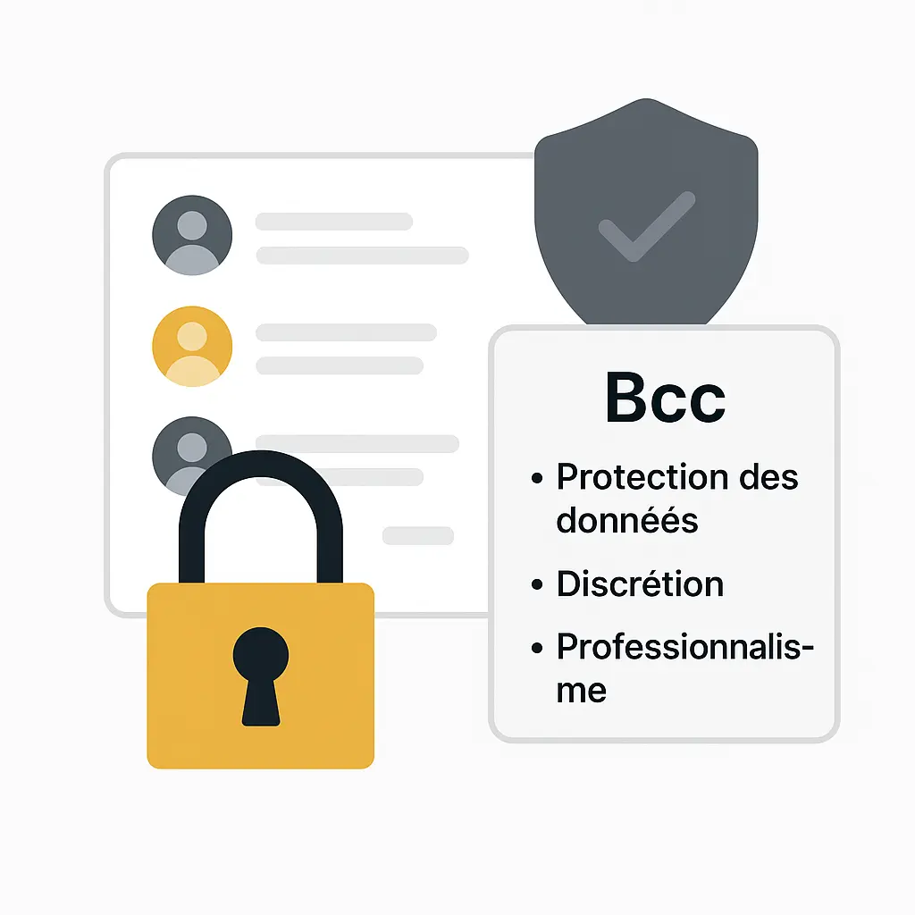 Illustration représentant les avantages de BCC: protection des données, discrétion, professionnalisme.