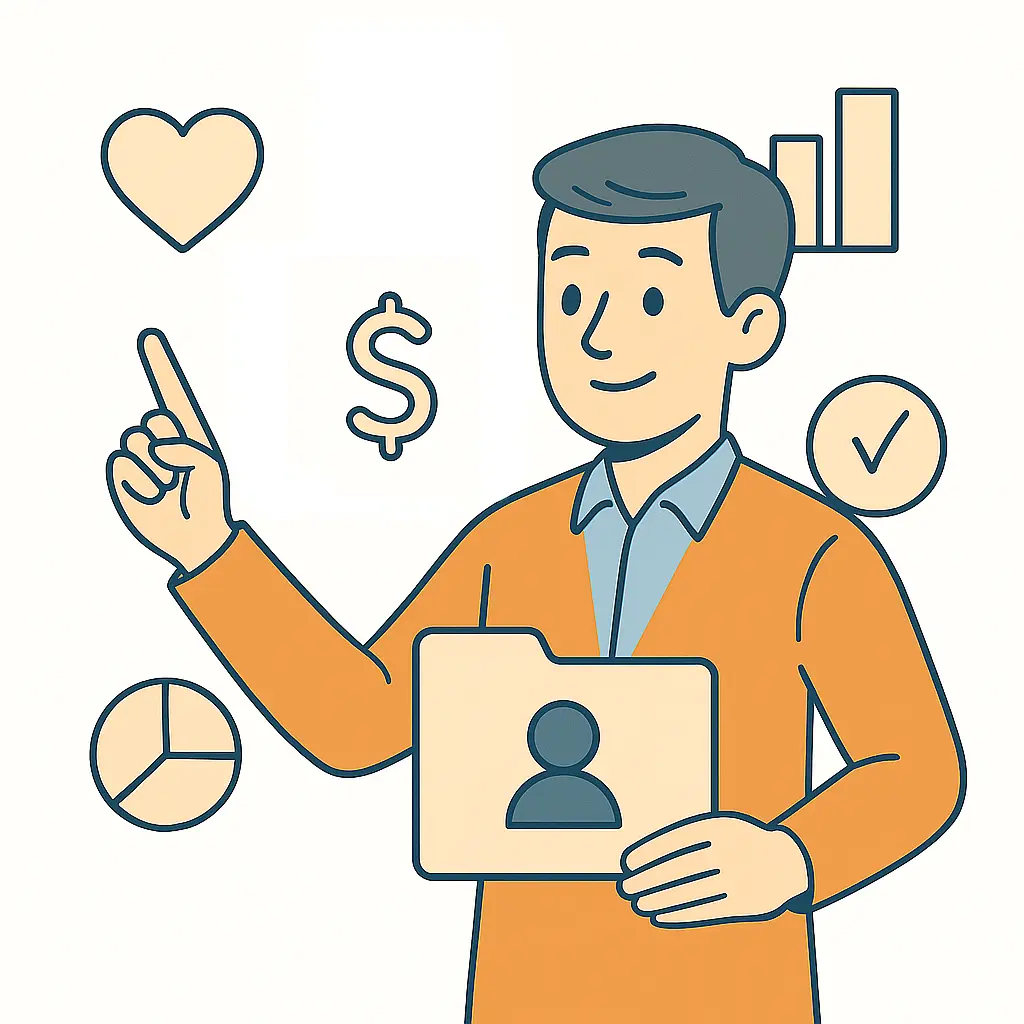 Illustration d'un chef d'entreprise qui tient un fichier client dans sa main et en présente les avantages. On voit des symboles comme un cœur, un dollar ou des données. Cela symbolise les avantages d'un système de fidélité, sous-entendu digital.