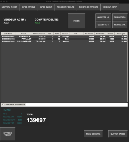 Capture d'écran du logiciel de caisse Carte Fidélité Facile. Ce logiciel est conçu pour fonctionner avec le programme de fidélité.