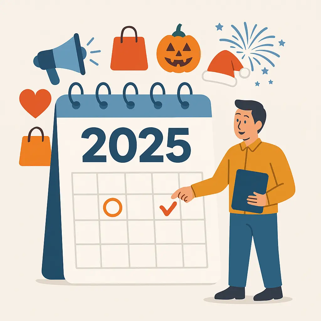 Calendrier marketing 2025 avec dates clés illustrées et un commerçant planifiant ses campagnes