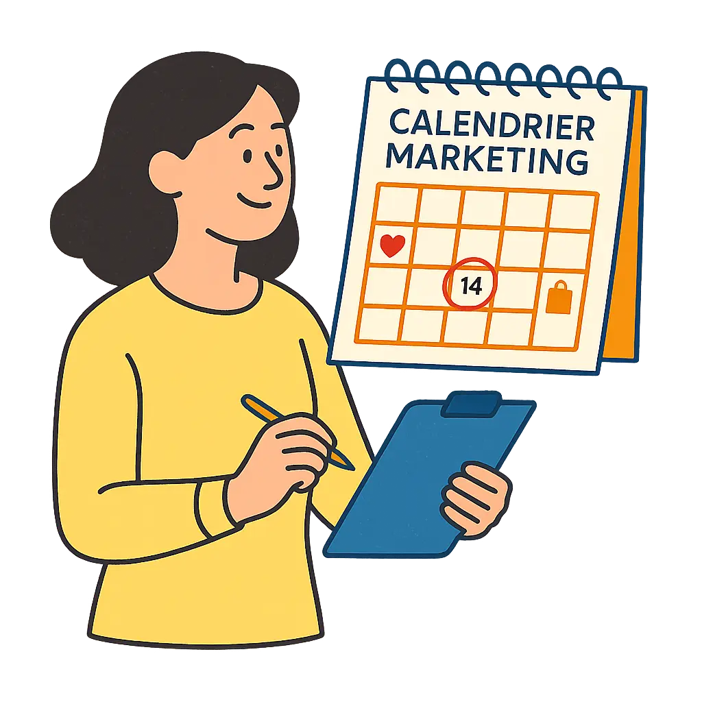Responsable marketing prenant des notes devant un calendrier de campagnes