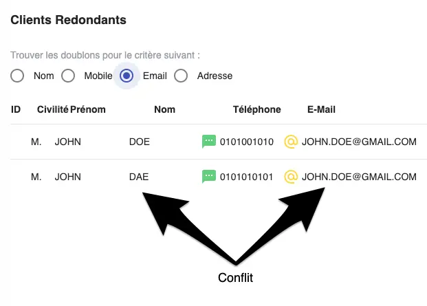 Détection de Conflits Capture d'écran de la détection de conflits dans un fichier clients