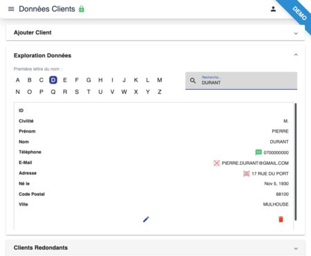 Exploration intuitive des données clients dans un logiciel fiche client gratuit Interface de recherche dans un logiciel fichier client gratuit montrant les informations d’un contact