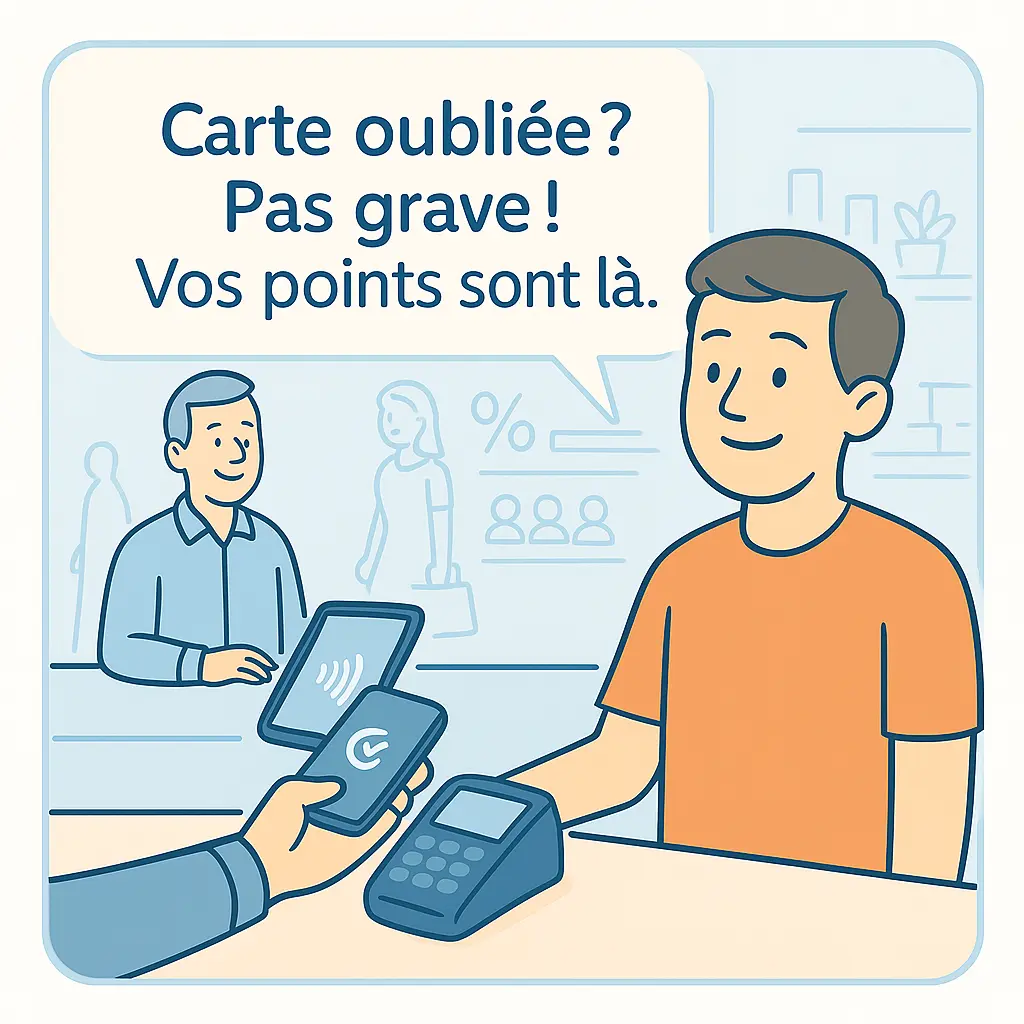 Illustration représentant un client qui a oublié sa carte de fidélité. Ce n'est pas grave car le système de fidélité est digitale et le commerçant a pu retrouver ses points et son compte client.