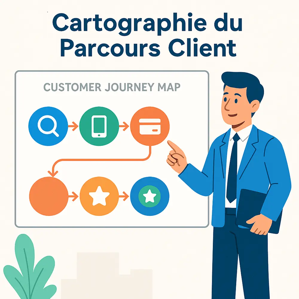 Illustration d'un professionnel expliquant la cartographie du parcours client avec des icônes de recherche, mobile, paiement et fidélisation