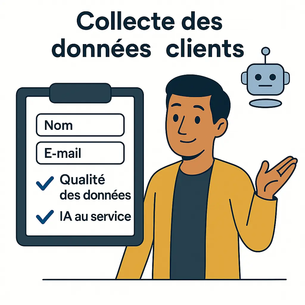 Illustration représentant une personne qui collecte des données clients avec un formulaire. Les données collectées sont le nom, l'e-mail, ... Il est mentionné que la collecte de données peut utiliser l'IA.