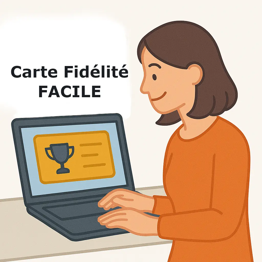 Illustration représentant une cheffe d'entreprise souriante lorsqu'elle crée une carte de fidélité digital sur le site internet carte-fidelite-facile.fr