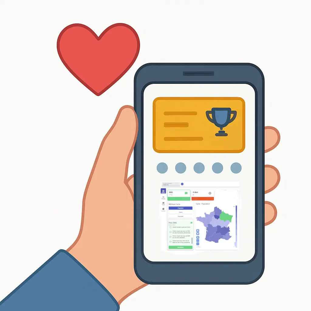 Illustration d'une main qui tient un téléphone connectée à la carte de fidélité carte-fidelite-facile.fr.
