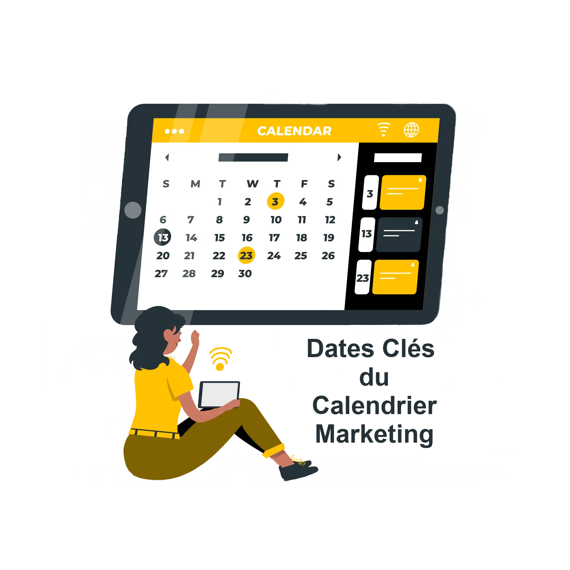 Calendrier Marketing Digital Illustration d'une personne utilisant un calendrier marketing digital affiché sur un grand écran. L'illustration met en mettant en avant la gestion du temps, la planification et l'organisation avec des outils numériques.