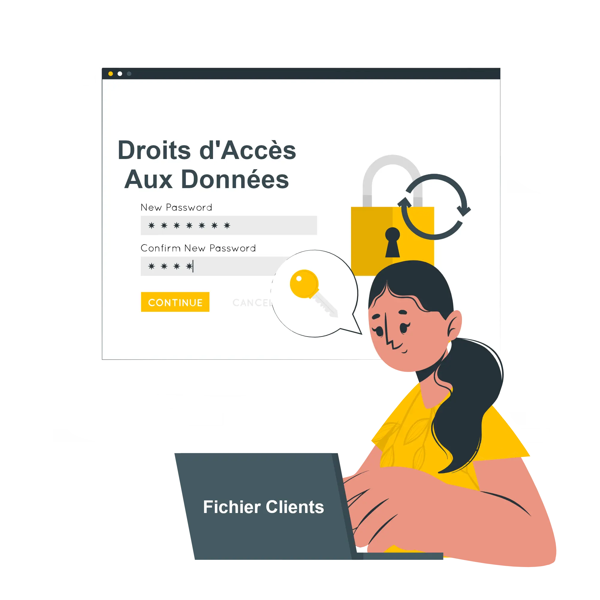 Gestion des droits d'Accès aux Données Illustration montrant une personne gérant les droits d'accès
