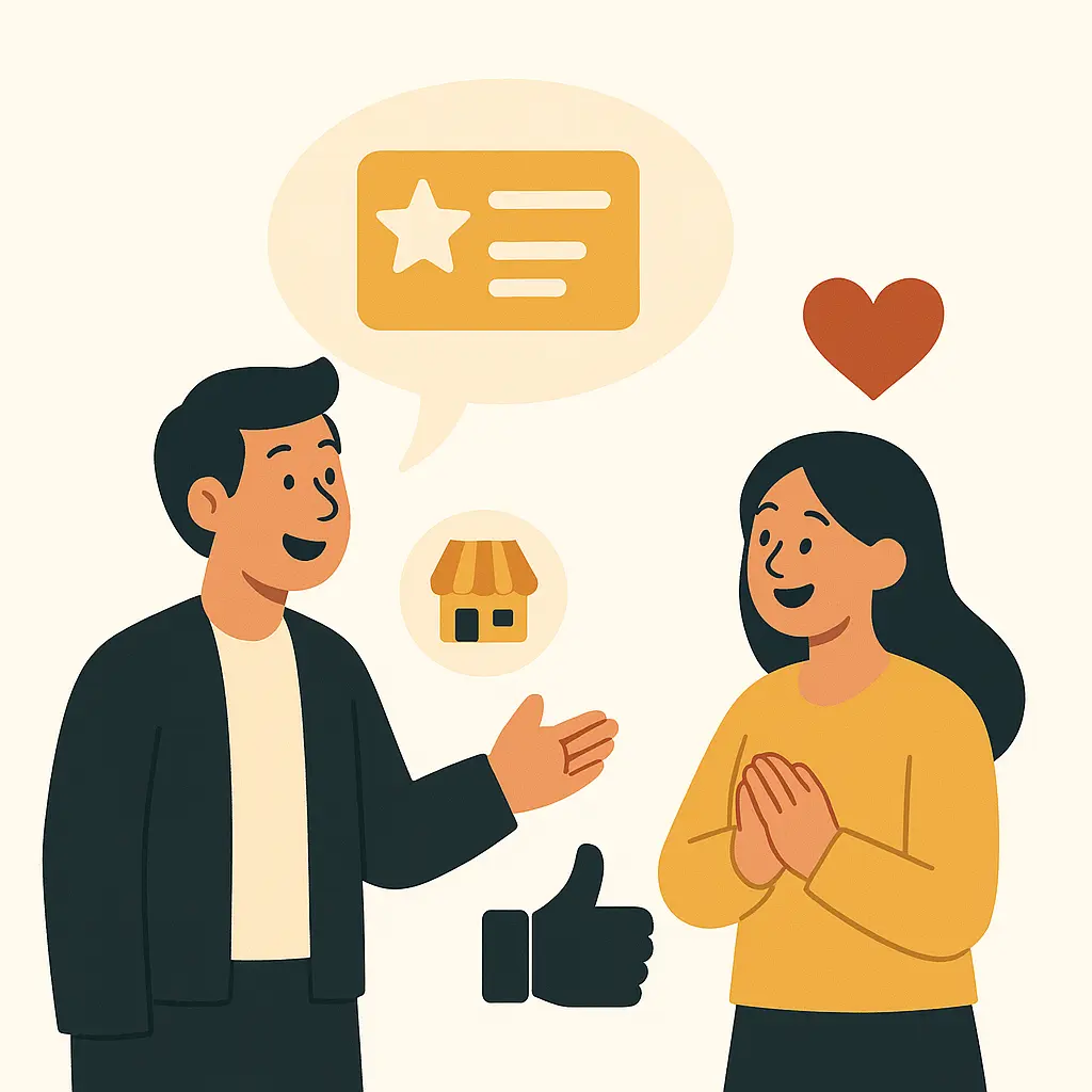 Illustration représentant l'effet bouche-à-oreille d'un programme fidélité. On voit deux personnes qui discutent des avantages et de la satisfaction que cela apporte.