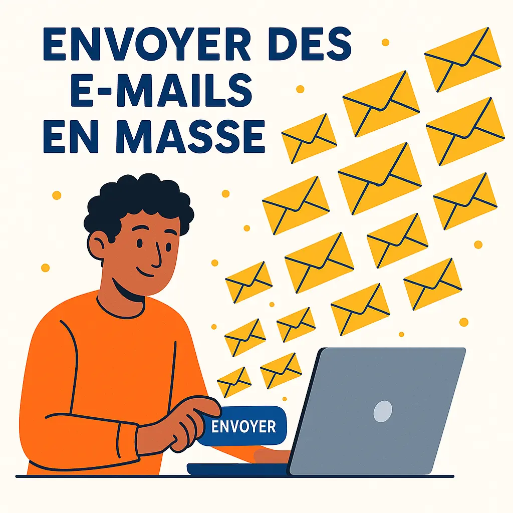 Envoyer des e-mails en masse : illustration d’un professionnel lançant une campagne emailing depuis son ordinateur avec succès