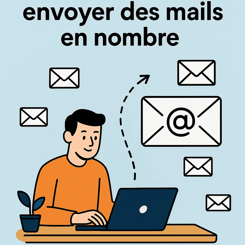 Comment envoyer des mails en nombre : illustration d’un utilisateur envoyant un grand volume d’e-mails depuis son ordinateur