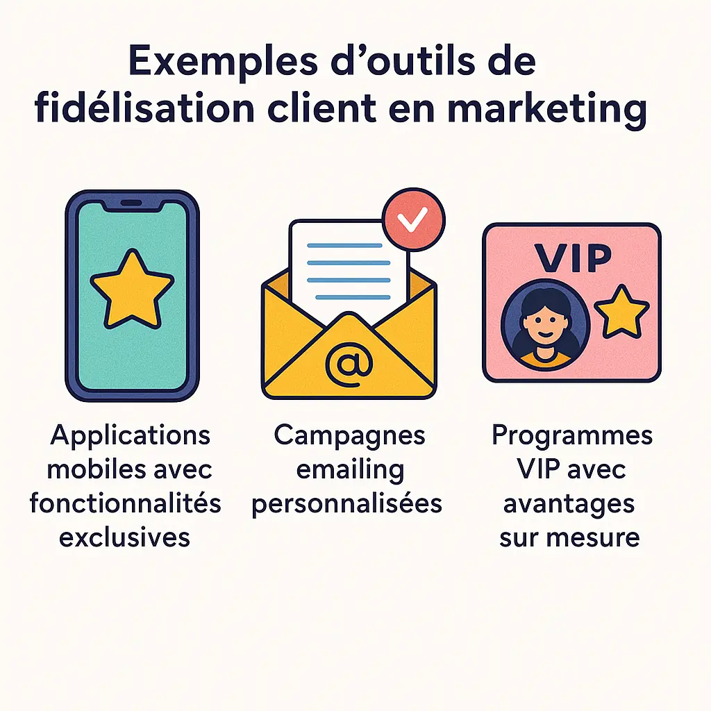 Exemples d’outils marketing de fidélisation client : application mobile, campagne emailing personnalisée, programme VIP