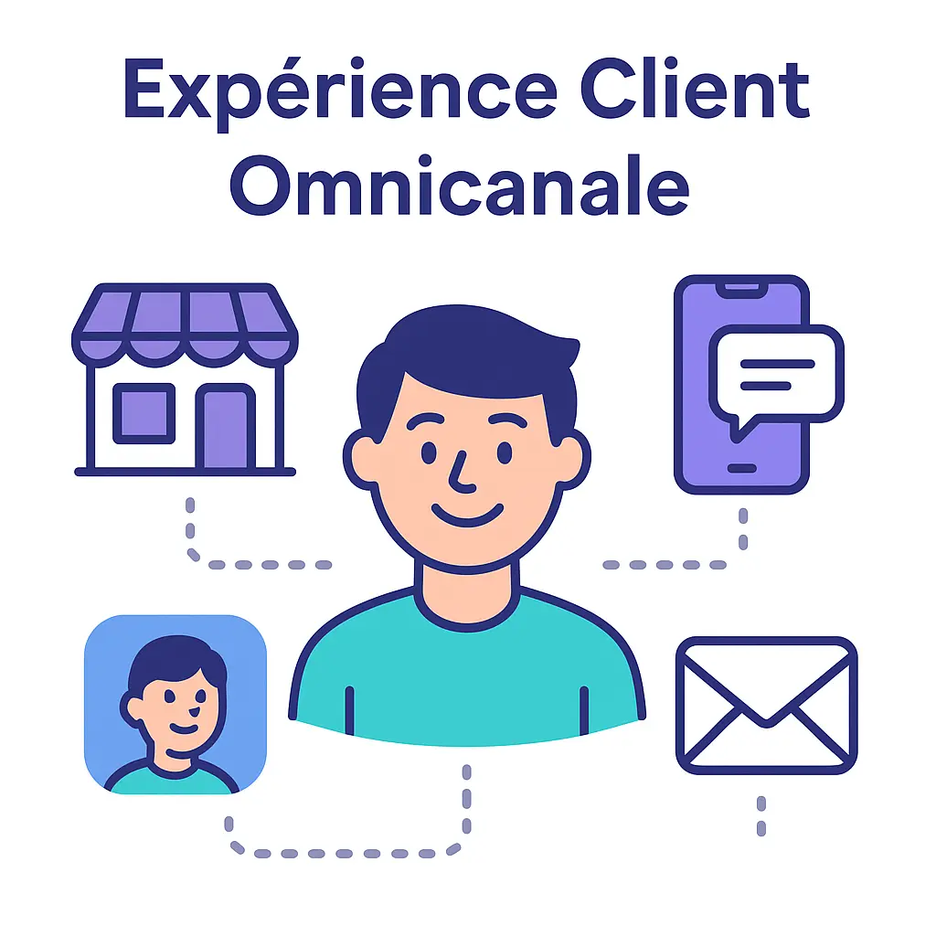 Illustration d'une expérience client omnicanale avec boutique physique, smartphone, email et application
