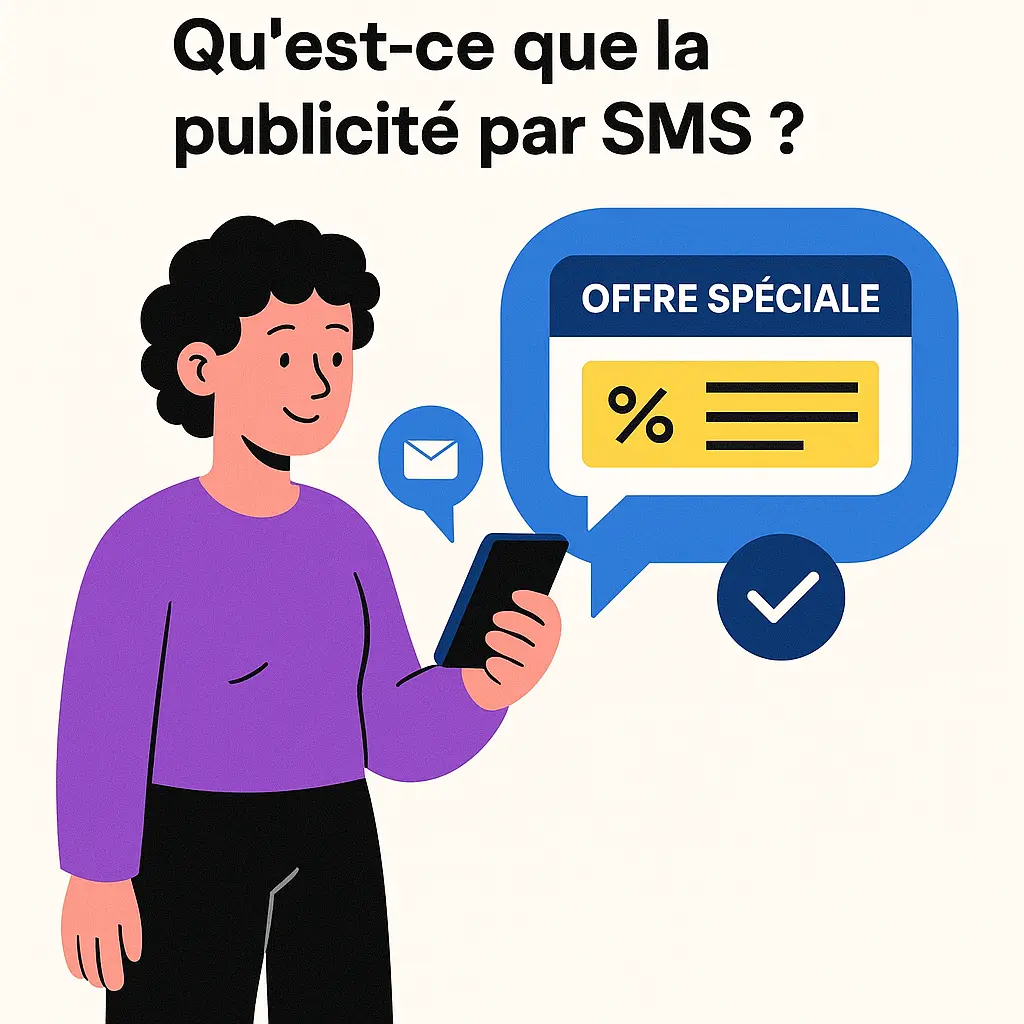 Jeune femme recevant une pub par SMS sur son smartphone
