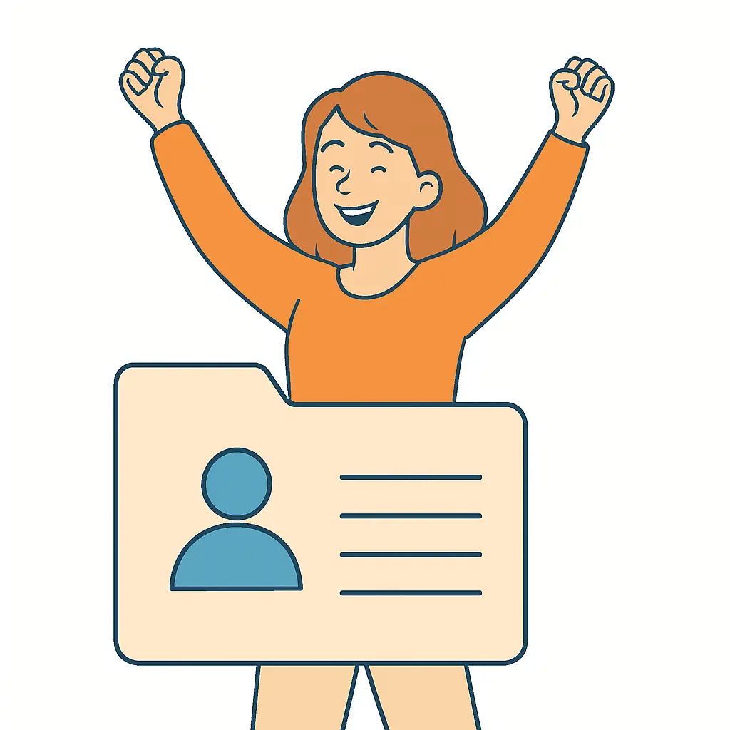 Illustration d'une cheffe d'entreprise qui lève les bras en signe de victoire, devant un répertoire qui représente un fichier client. Cela symbolise la réussite d'une entreprise grâce à un solide fichier clients.