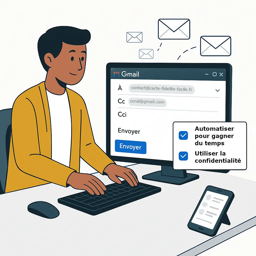 Illustration représentant une personne connectée au logiciel de messagerie Gmail sur son ordinateur portable. Tout a l'air rapide et facile !