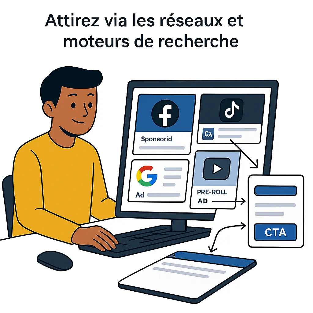 Illustration représentant une personne connectée à un ordinateur. Elle utilise Google Ads, Facebook pour initier des Call To Action (CTA) pour collecter des données clients.