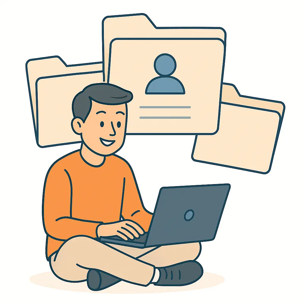 Illustration d'un personne qui crée des fiches clients sur un ordinateur. Cela a l'air facile car la personne est souriante.