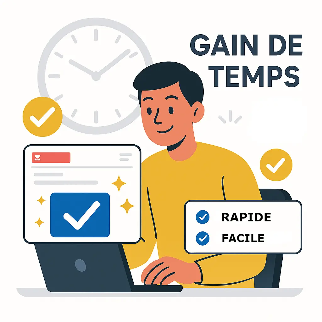 Illustration d'une personne qui utilise Gmail. Une horloge est en arrière plan pour symboliser que le logiciel de messagerie e-mail fait gagner du temps !