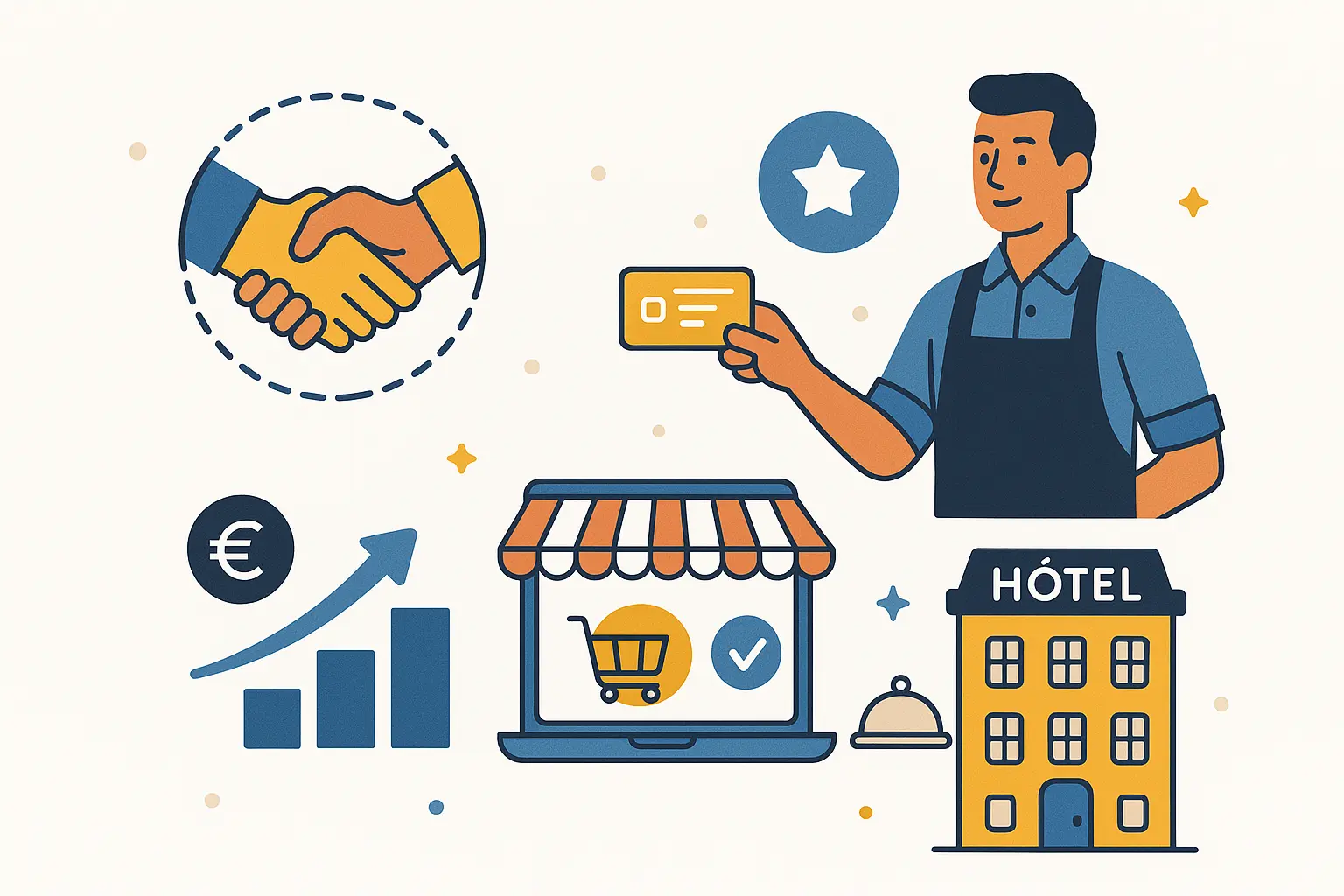 Illustration d’un commerçant utilisant un programme de fidélité pour fidéliser ses clients en boutique, hôtel ou e-commerce