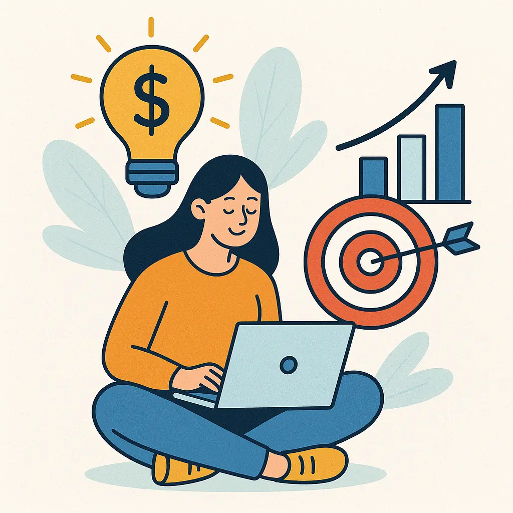 Femme utilisant un ordinateur portable pour créer un exemple action de fidélisation, avec des symboles de croissance, de cible et d’idée business