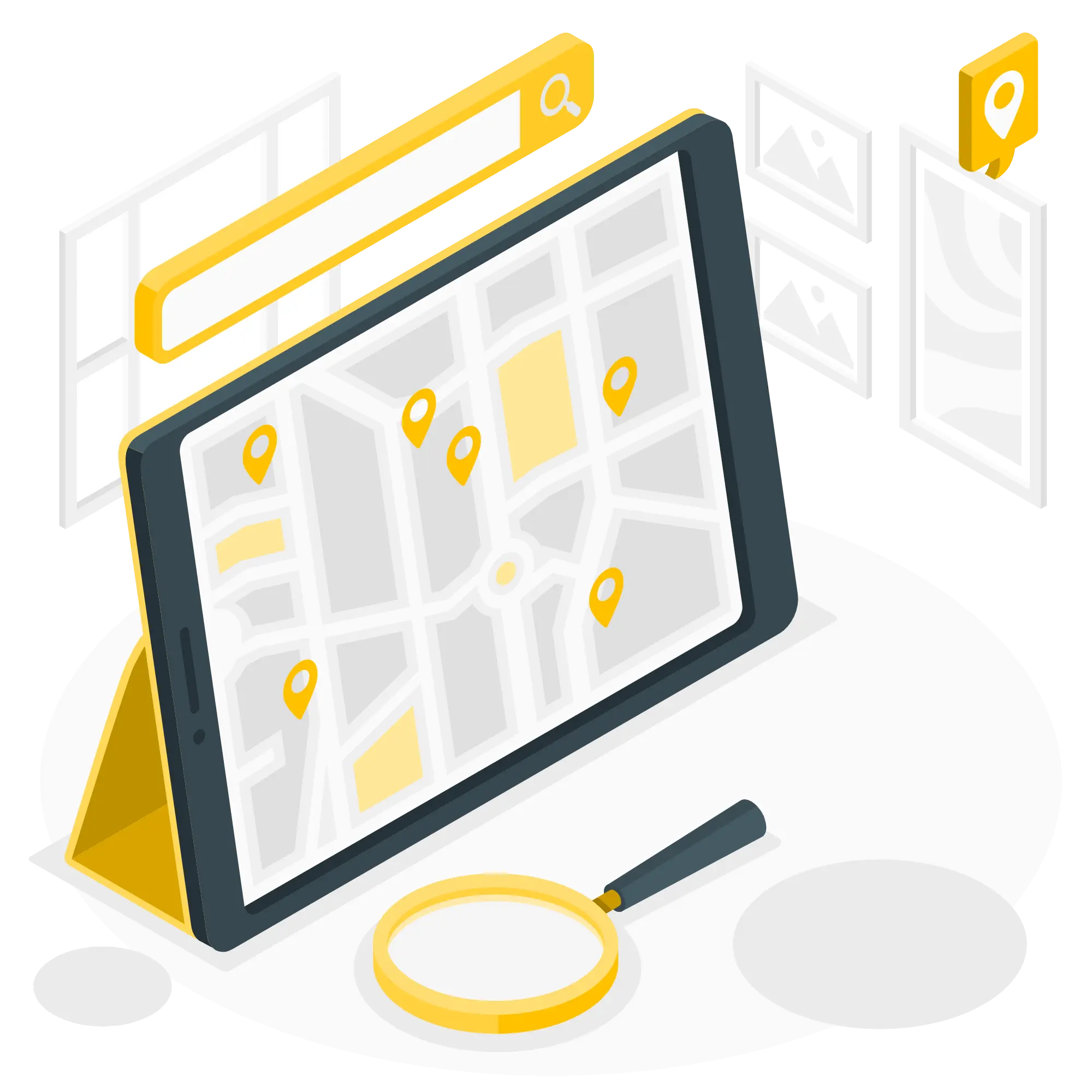 Illustration API Validation d'Adresses Illustration d'une tablette utilisant une API pour localiser plusieurs adresses sur une carte