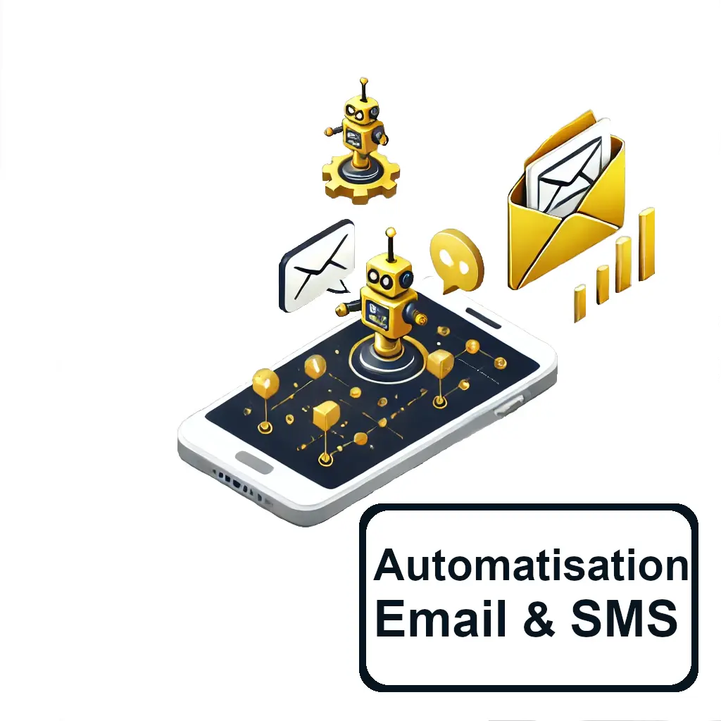 Illustration représentant des robots automatisant les tâches d'envoi d'e-mails et de SMS.