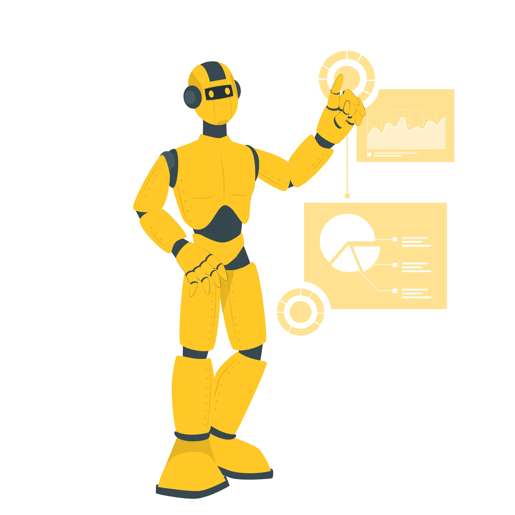 Illustration d'un robot analysant des graphiques sur un écran.