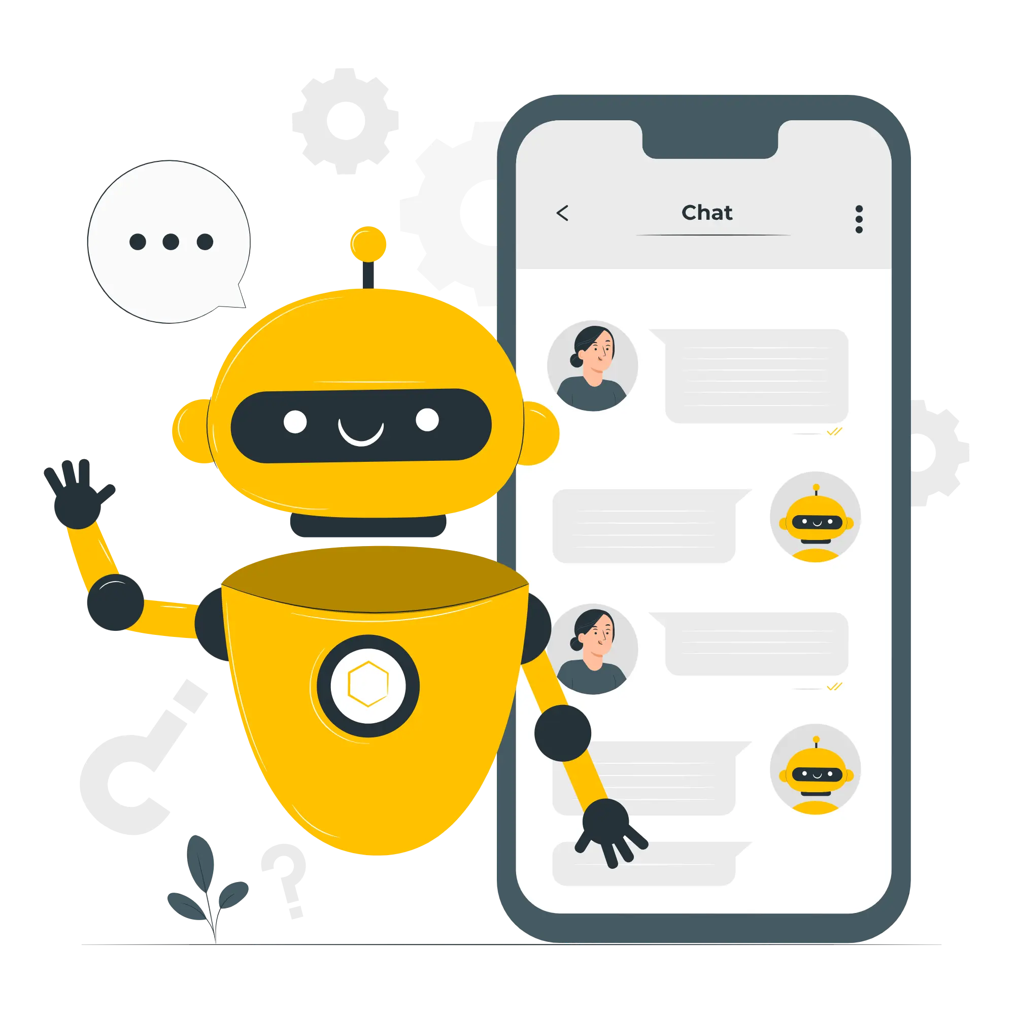 Technologies d'Intelligence Artificielle Illustration montrant un robot communiquant avec des des personnes sur un smartphone