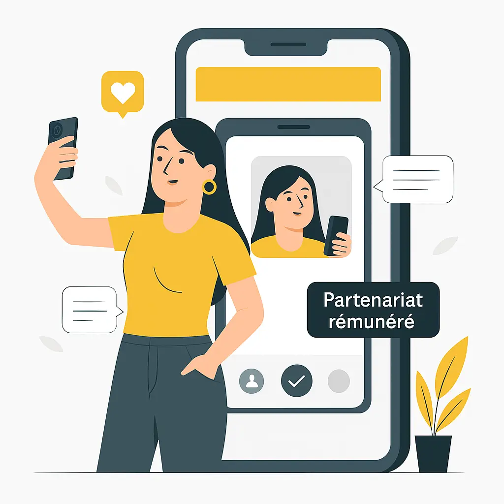 Illustration d'une influenceuse prenant une photo pour la diffuser sur Instragram.