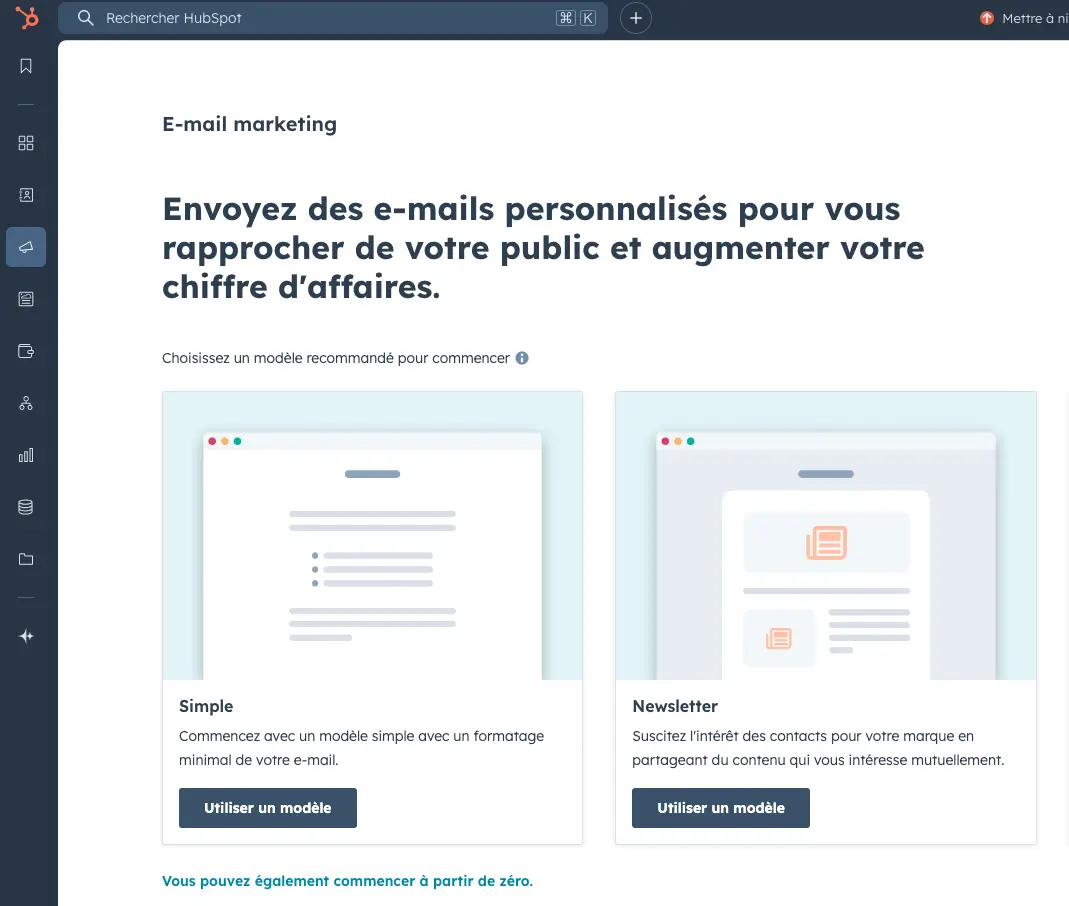 Aperçu de l’interface de HubSpot, logiciel d’envoi de mails en masse avec CRM intégré.