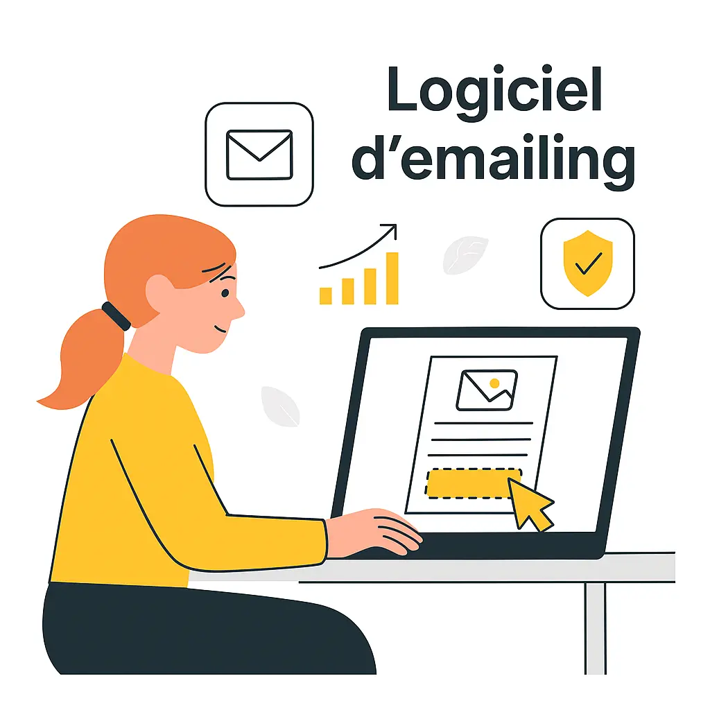 Femme utilisant un logiciel d’emailing sur son ordinateur, avec des icônes de statistiques et de sécurité.