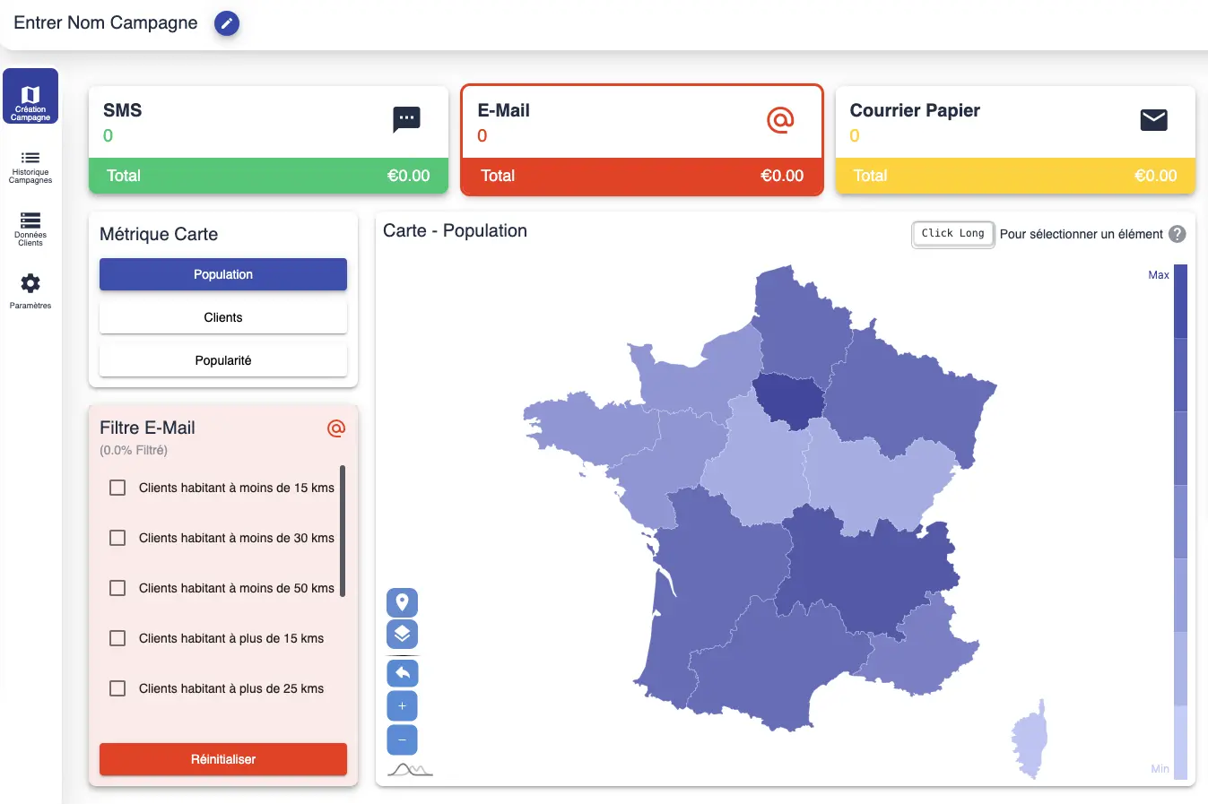 Capture d’écran du tableau de bord d’un logiciel d’emailing, affichant des statistiques par région sur une carte de France et des filtres de ciblage par distance.
