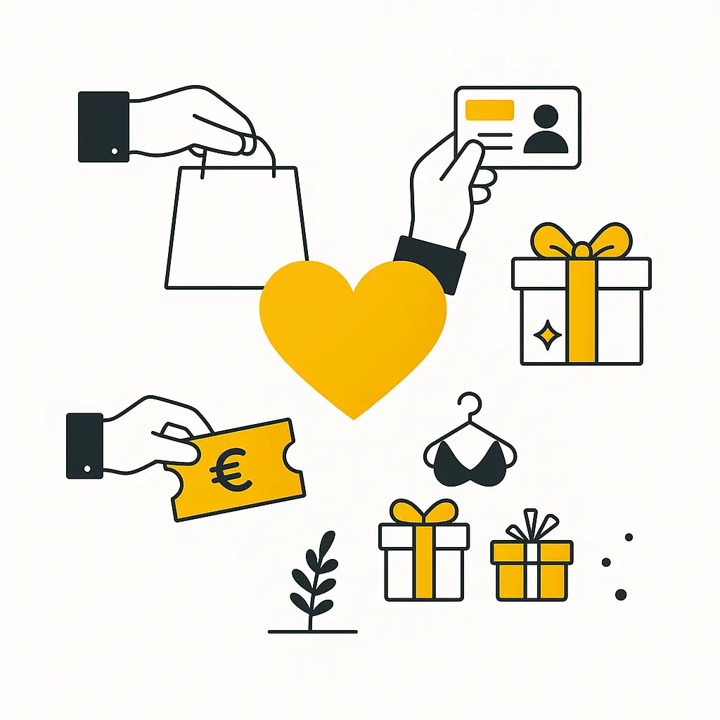 Illustration symbolisant le fonctionnement d'un programme de fidélisation pour les clients et les commerçants. Un cœur au centre illustre la satisfaction de tous.