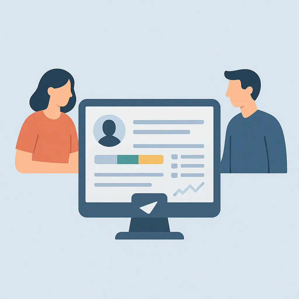 llustration minimaliste d’un logiciel CRM utilisé comme outil de fidélisation client, avec tableau de bord central et deux utilisateurs.