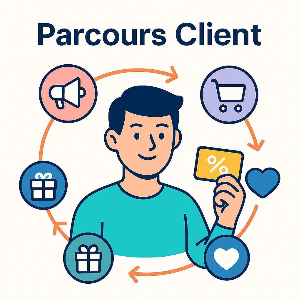 Illustration d'un client tenant une carte de fidélité entouré d'icônes représentant le parcours client, comme le shopping, la communication et les récompenses