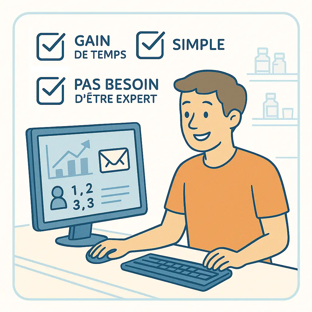 Illustration d'un commerçant avec un sourire parce qu'il utilise un système de fidélité digital. On peut reconnaitre sur son écran le logo de Carte Fidélité Facile.