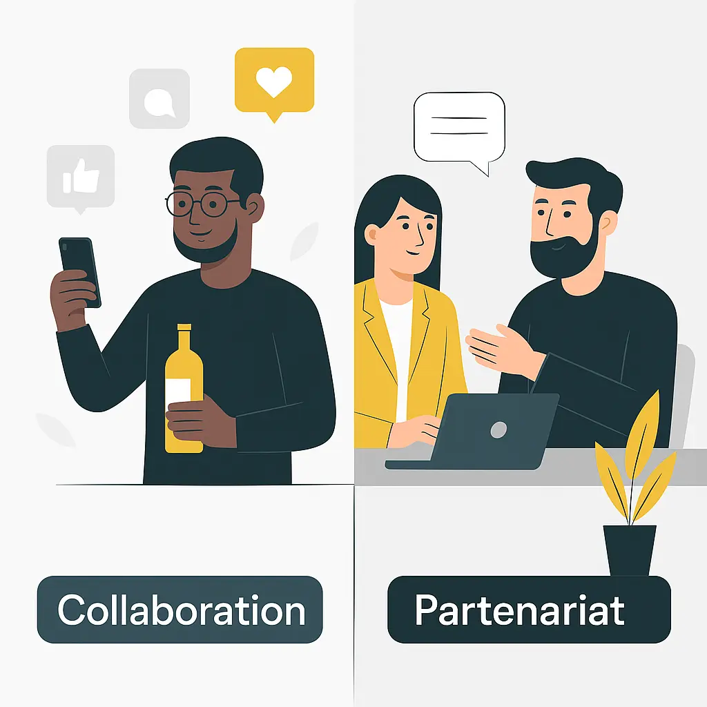 Illustration représentant d'un côté la collaboration et de l'autre le partenariat avec un créateur de contenu.