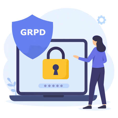 Illustration montrant une femme devant un ordinateur portable géant qui symbolise un coffre-fort. L'ordinateur protège les données dans le respect du RGPD.