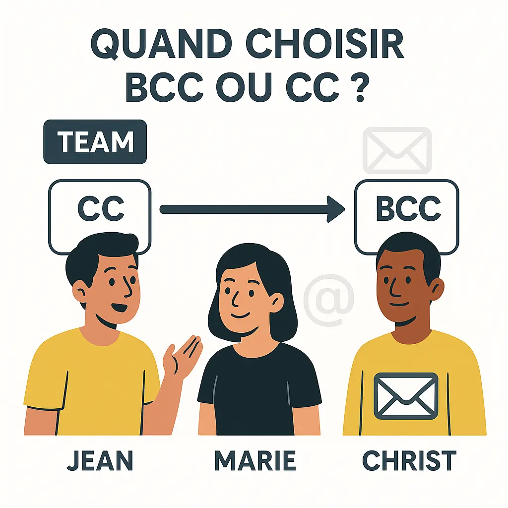 Illustration représentant 3 personnages : Jean, Marie et Christ. Jean explique à son équipe quand choisir BCC ou CC.