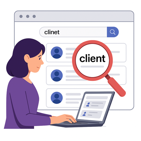 Illustration qui représente une femme effectuant une recherche client sur le système de fidélité. Le nom est mal orthographié, pourtant le client est retrouvé facilement.