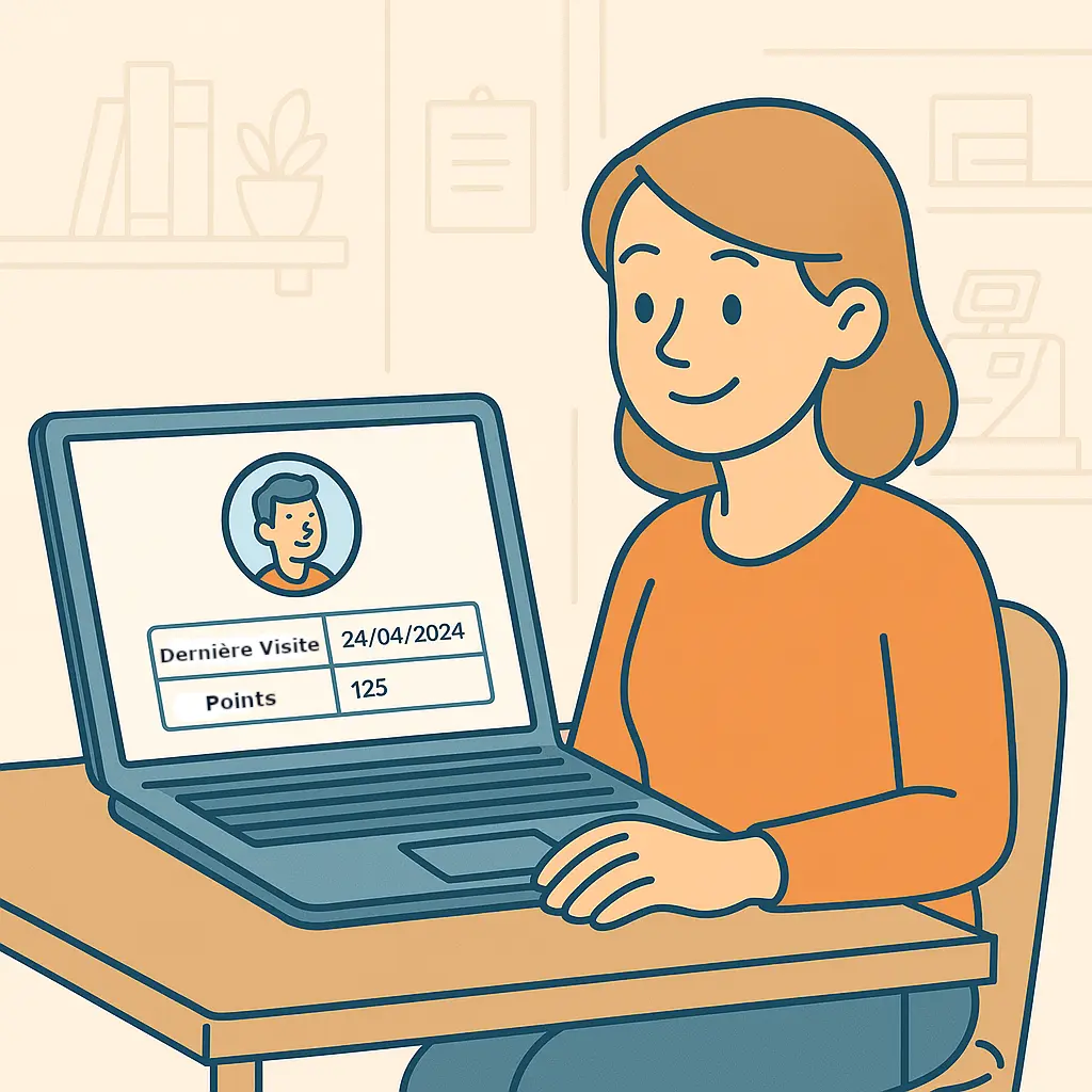 Illustration une femme connectée à un système de fidélité sur son ordinateur portable. Grâce à ce système, elle a accès à la dernière date d'achat et au nombre de point. C'est un système de carte de fidélité numérique. Pas de tampon, pas de carte !!