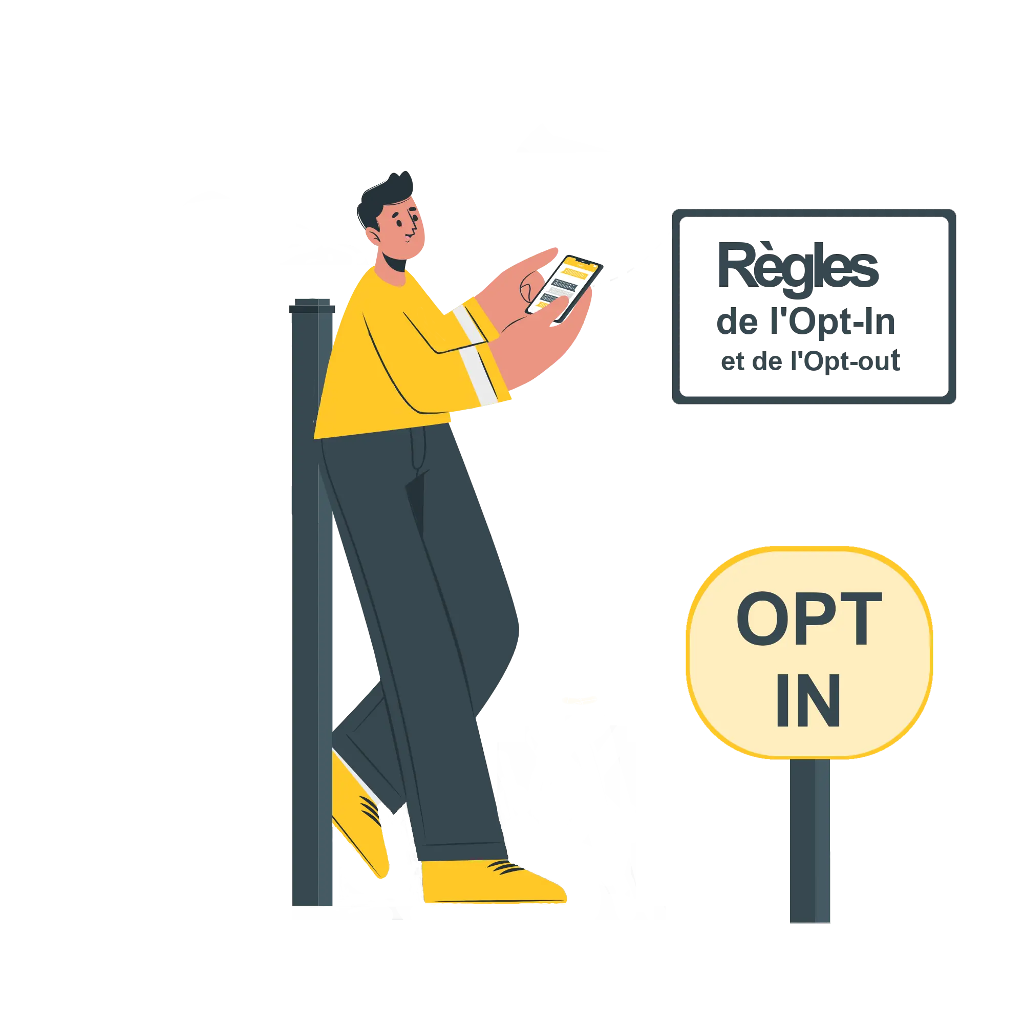 Illustration Opt-In Out-Out Illustration des règles de l'opt-in et de l'opt-out avec une personne reçevant un SMS.