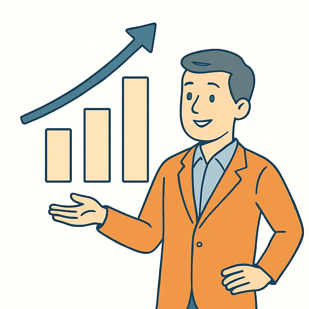 Illustration d'un entrepreneur qui présente une stratégie de croissance. Il a l'air sur de lui et la stratégie doit être bien définie.