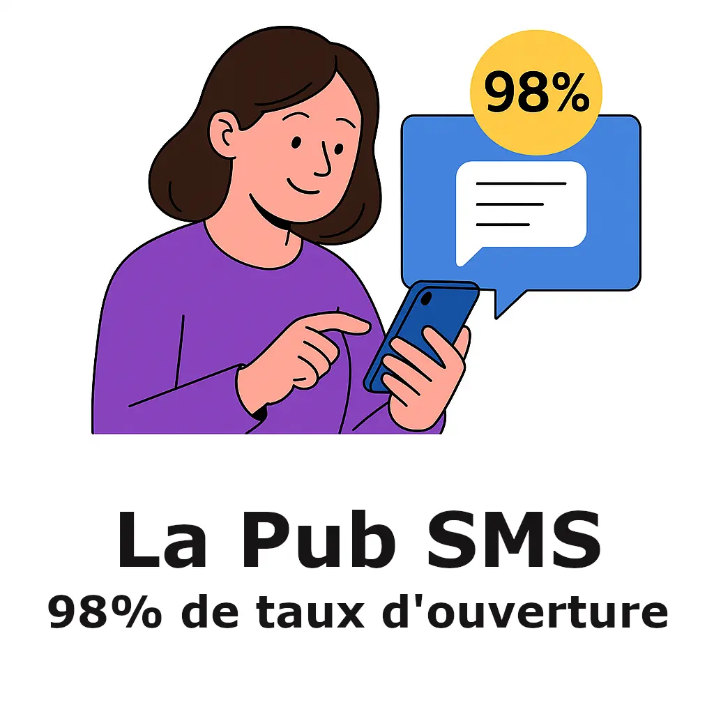 Illustration d’une femme lisant un SMS promotionnel avec un taux d’ouverture de 98 %